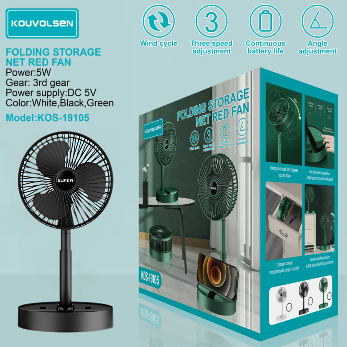 Ventilador De Piso Plegable Recargable USB 5V. Abanico Portátil Con 3 Velocidades Y Altura Ajustable. Color Negro.