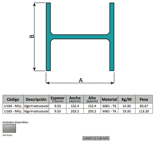 Viga Estructural En Forma De H 8" X 8". Espesor 9.53 Mm Alto 203.2 Mm Largo 5.85 M. Material 6061 - Image 2