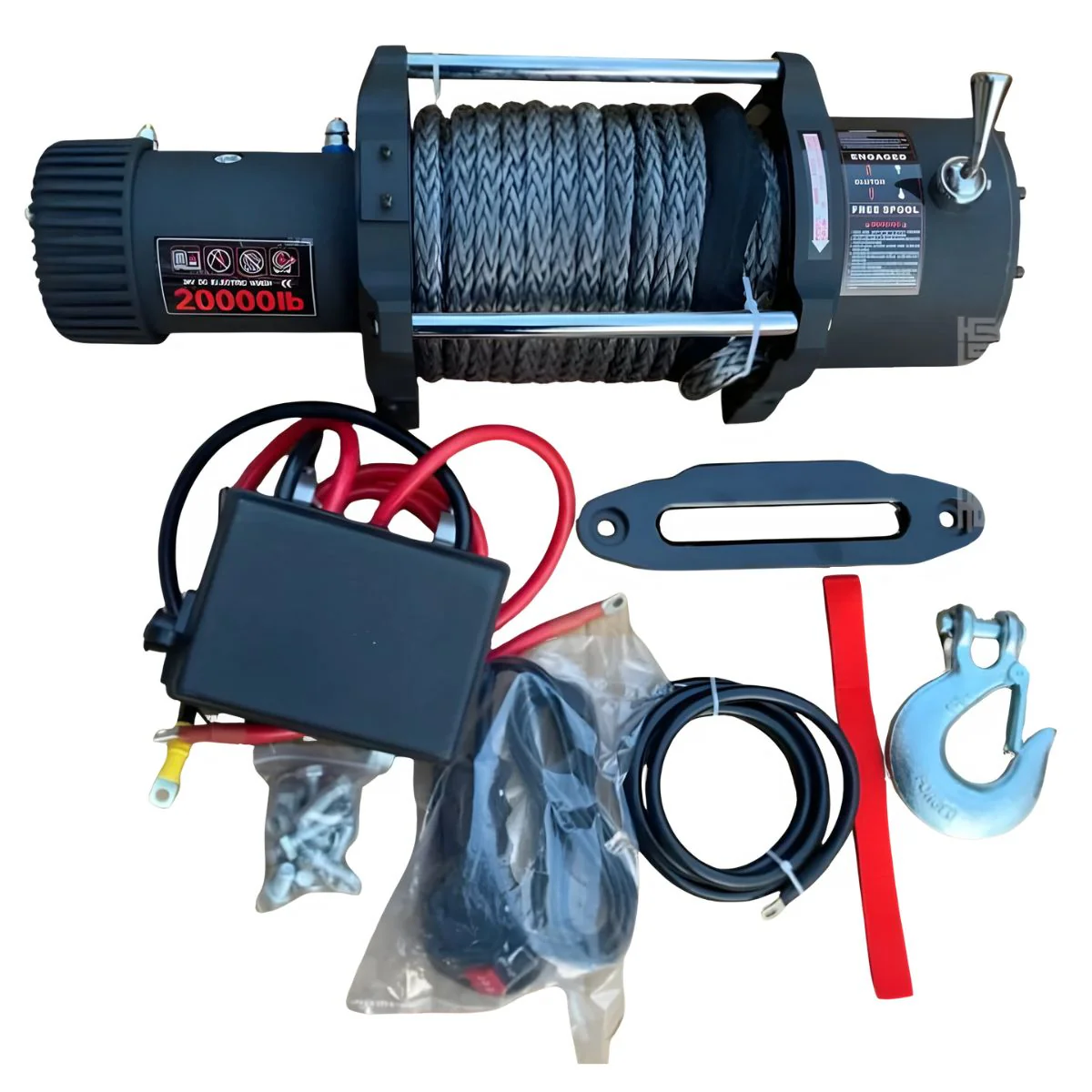 Winche Eléctrico 20,000 Lbs 12V. Tecle Con Cable Sintético. Malacate Para 4X4 Y Camiones Y Remolques.