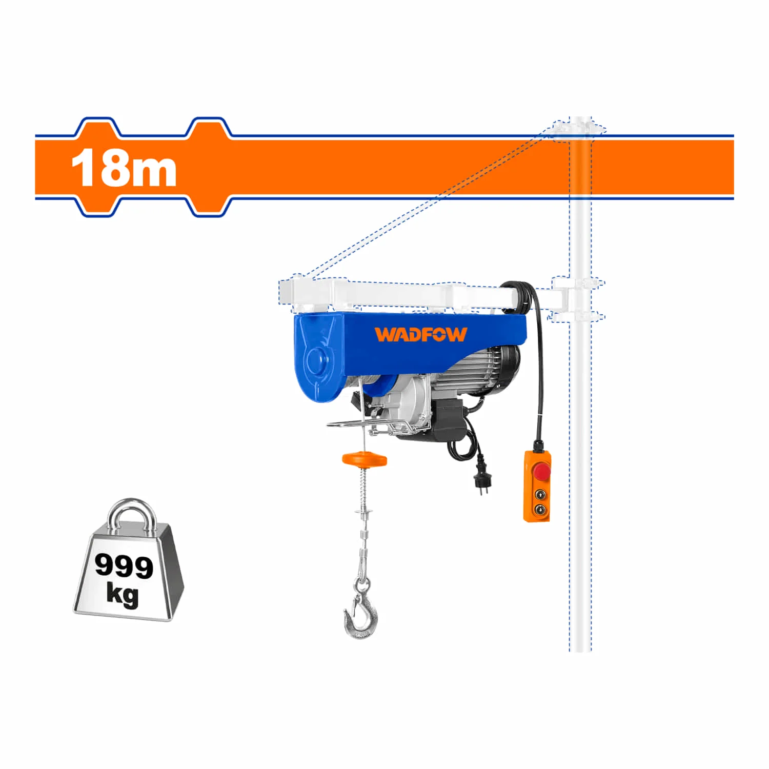 Winche Tecle Eléctrico 1600W Carga Max 999Kg Elevación Max 18M Velocidad 10M/Min, 5M/Min IP54 Polipasto Electrico Grua - Image 2