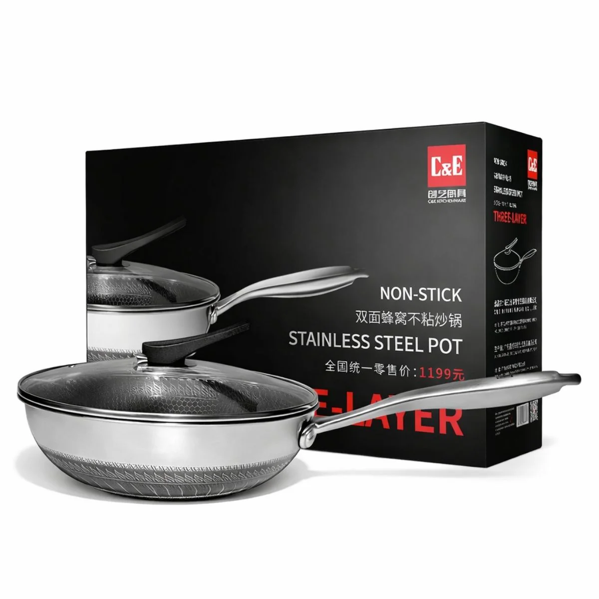 Wok Antiadherente De Acero Inoxidable De 3 Capas 32 Cm (12.5") Con Tapa De Vidrio Templado. Mango De Acero Inoxidable. Grosor 2.2 Mm.