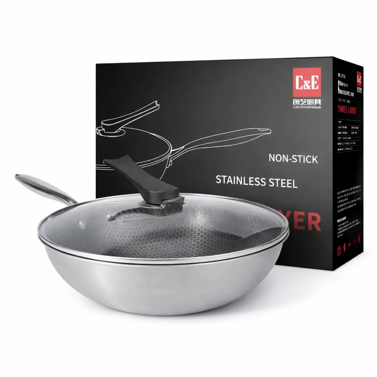 Wok De Acero Inoxidable De 3 Capas Con Tapa De Vidrio Templado 32 Cm (12.5"). Sartén Antiadherente Multicapa De 2.2 Mm