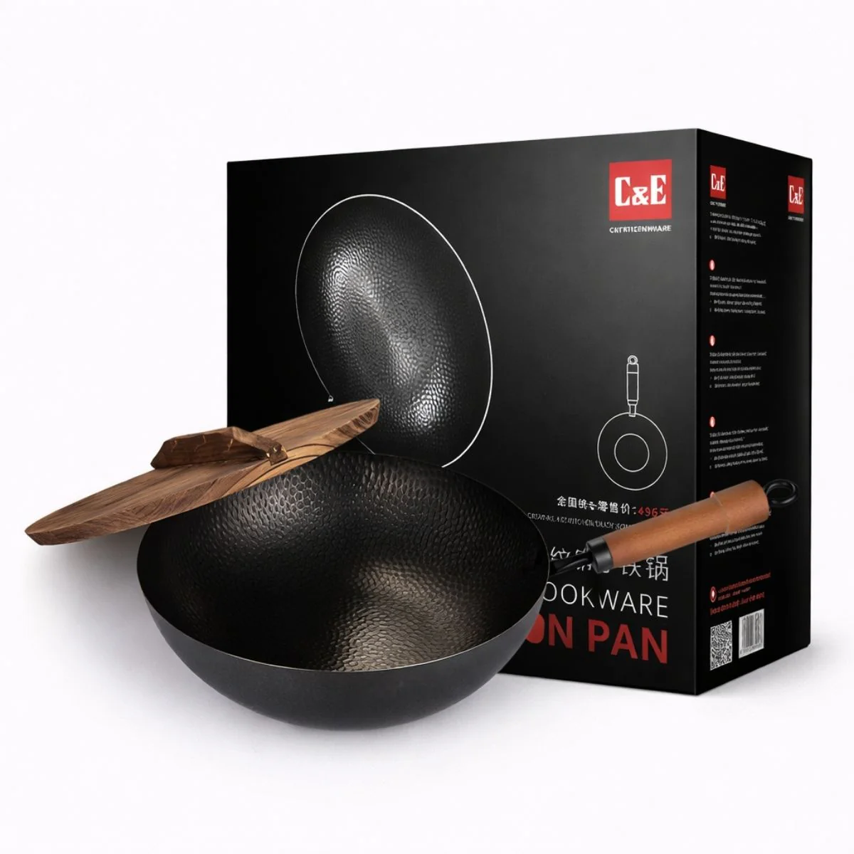 Wok De Hierro Con Mango De Madera De Haya Carbonizada 32 Cm (12.5”) Espesor 1.6 Mm. Sartén Tipo Wok Para Cocina
