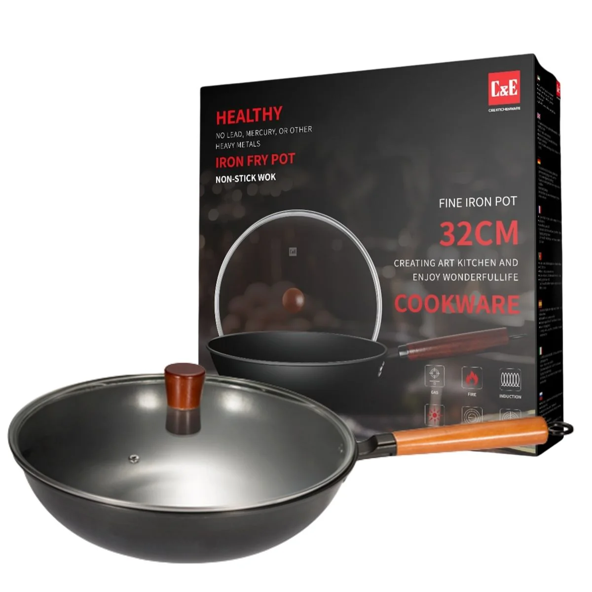 Wok De Hierro Con Tapa De Vidrio Templado 32 Cm (12.5”) Con Mango De Madera De Haya (Beech) Y Espesor 2.3 Mm. Sartén Wok.