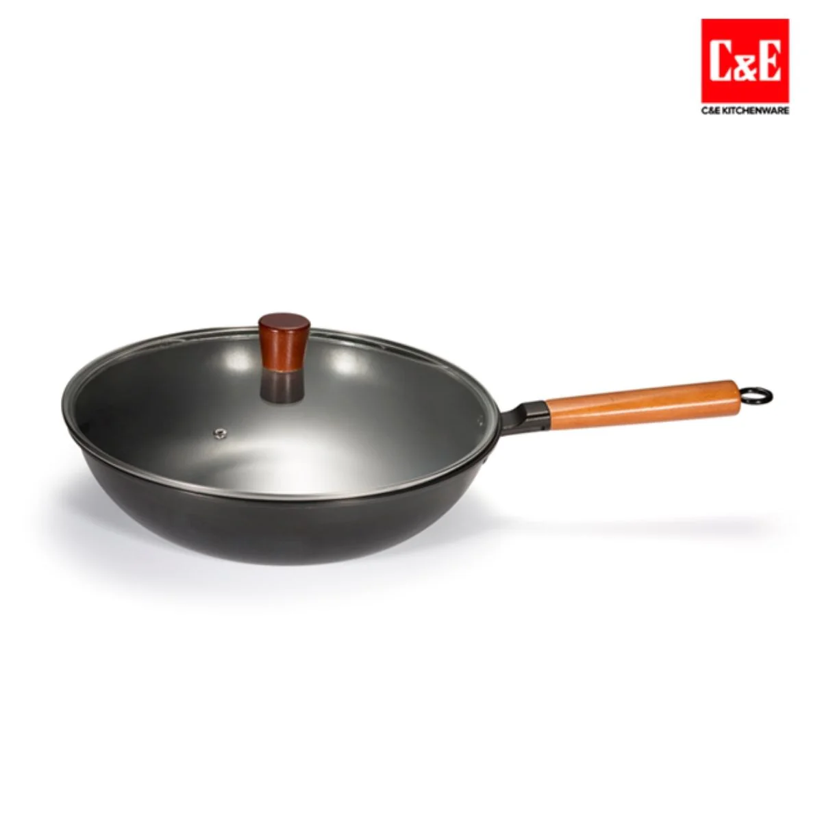 Wok De Hierro Con Tapa De Vidrio Templado 32 Cm (12.5”) Con Mango De Madera De Haya (Beech) Y Espesor 2.3 Mm. Sartén Wok. - Image 2